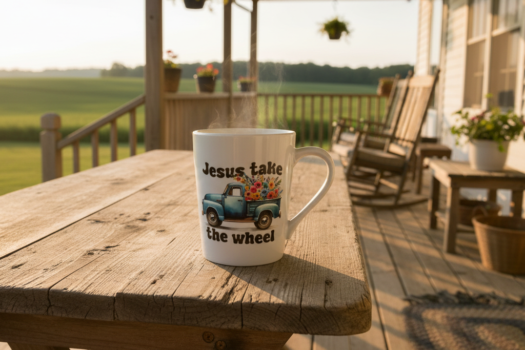 14oz White Mug on Farmhouse Porch