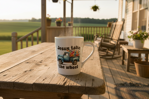 14oz White Mug on Farmhouse Porch