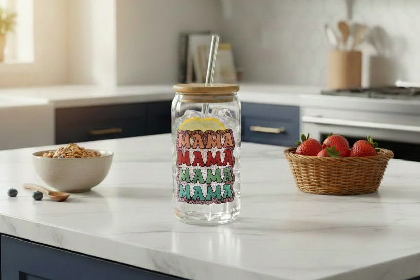 16oz Glass Tumbler "MAMA" with Ice Water and Lemon Slices