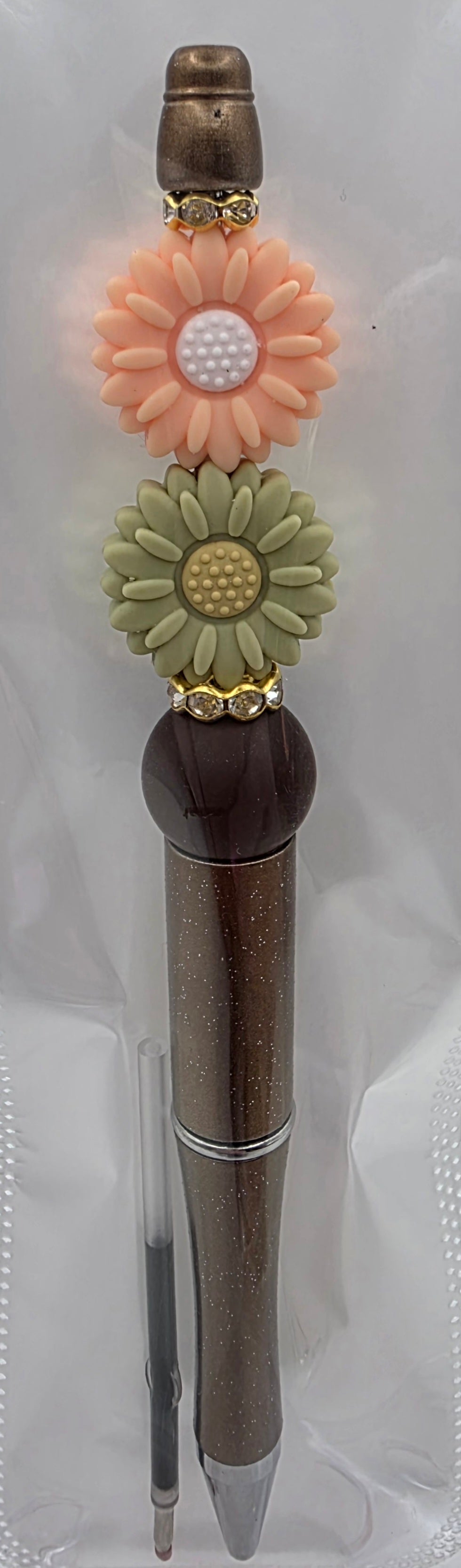 Peach & Sage Green Flowers Beaded Pen