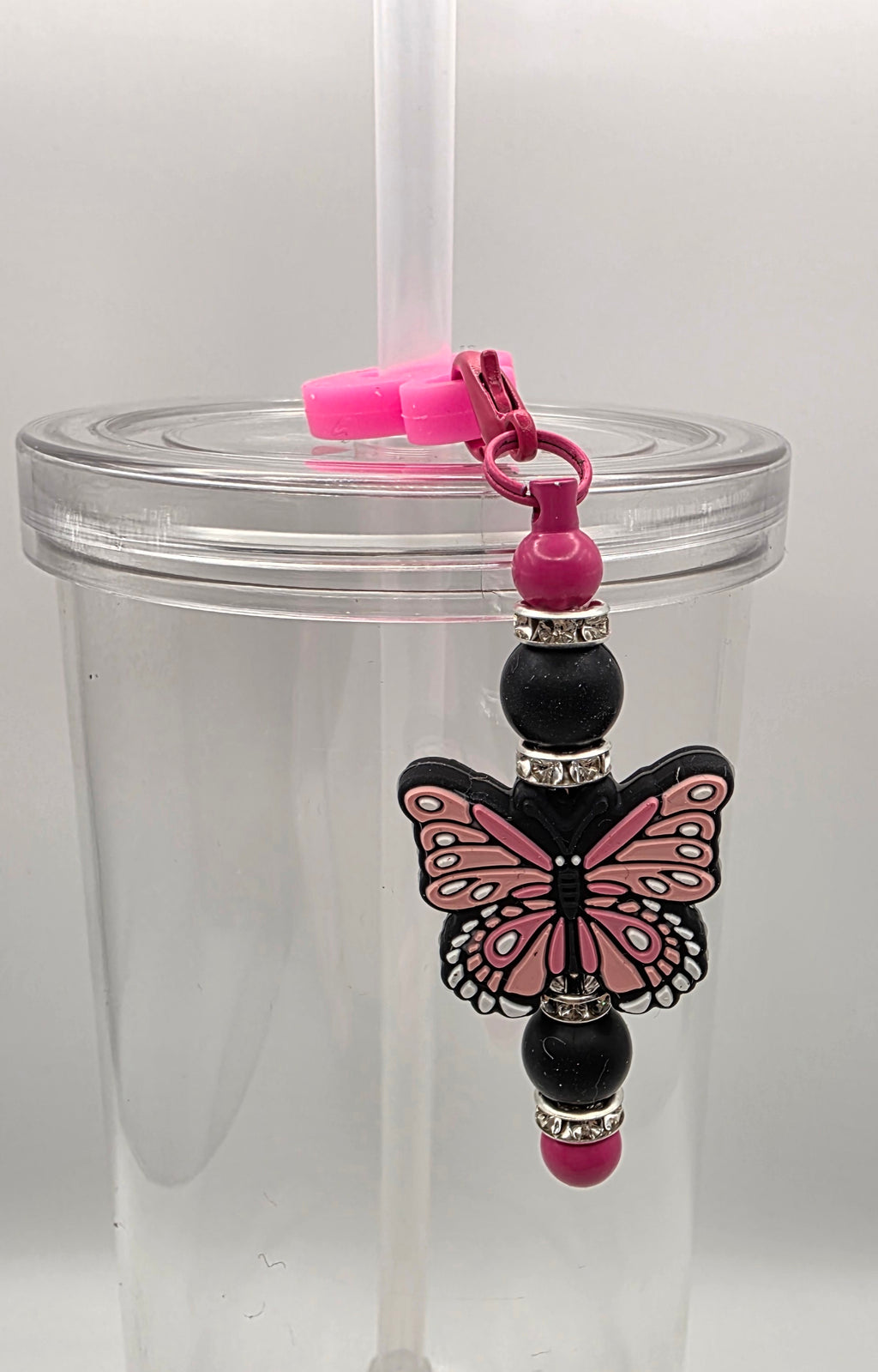 Beaded Straw Charm - Pink Butterfly