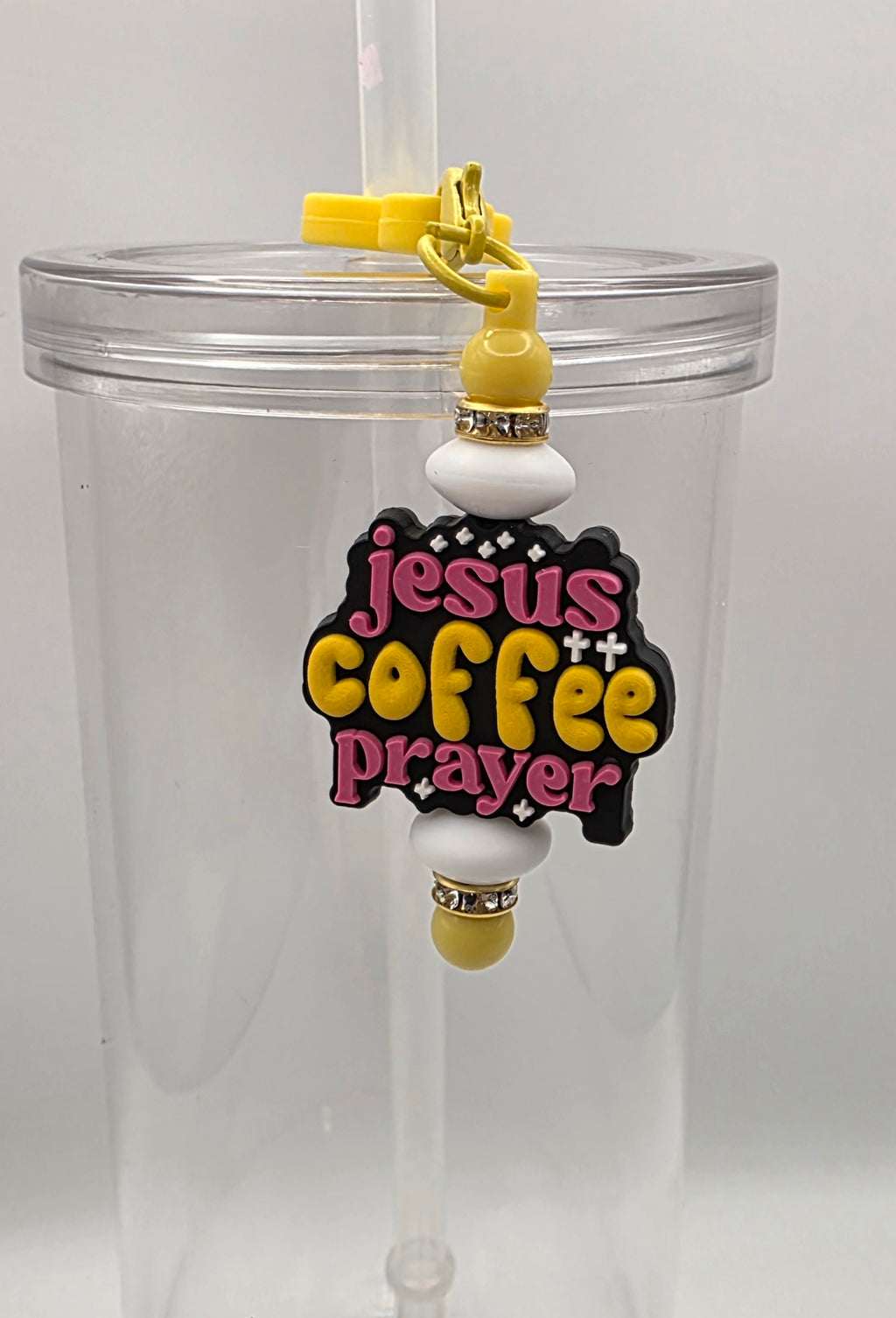 Beaded Straw Charm - "Jesus, Coffee, Prayer"