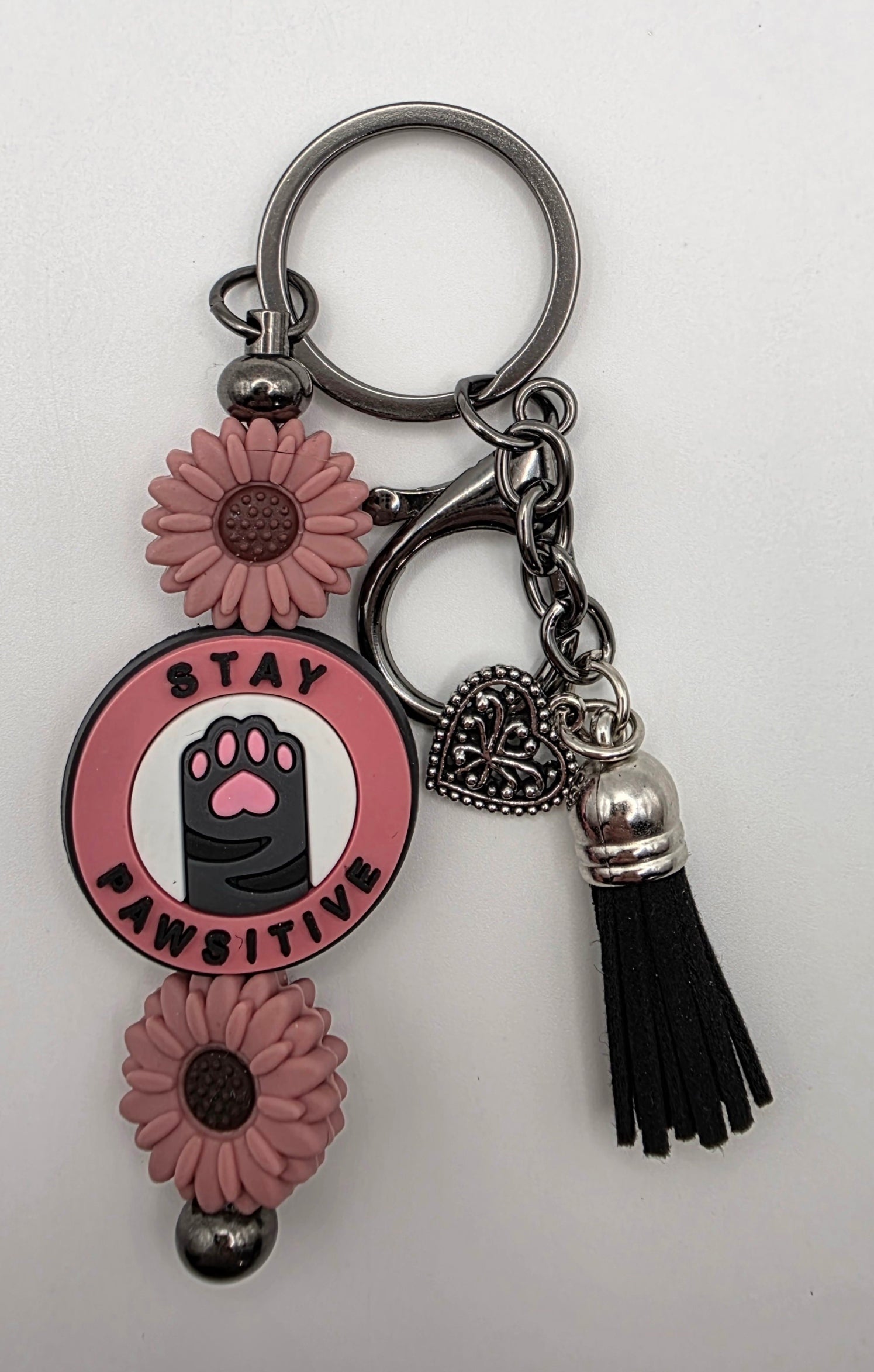 "Stay Pawsitive" - Black & Pink Keychain/Charm