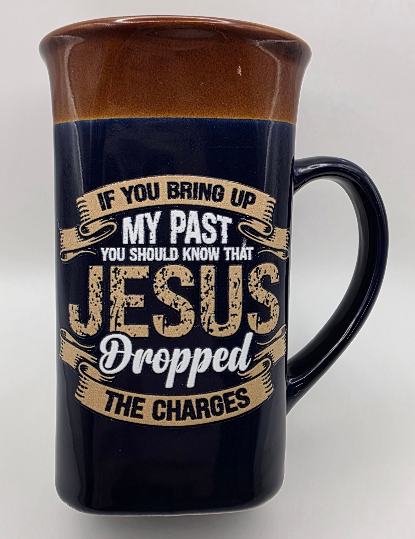 "Jesus Dropped the Charges" Navy Blue w/ Brown Two-Toned 16oz Mug