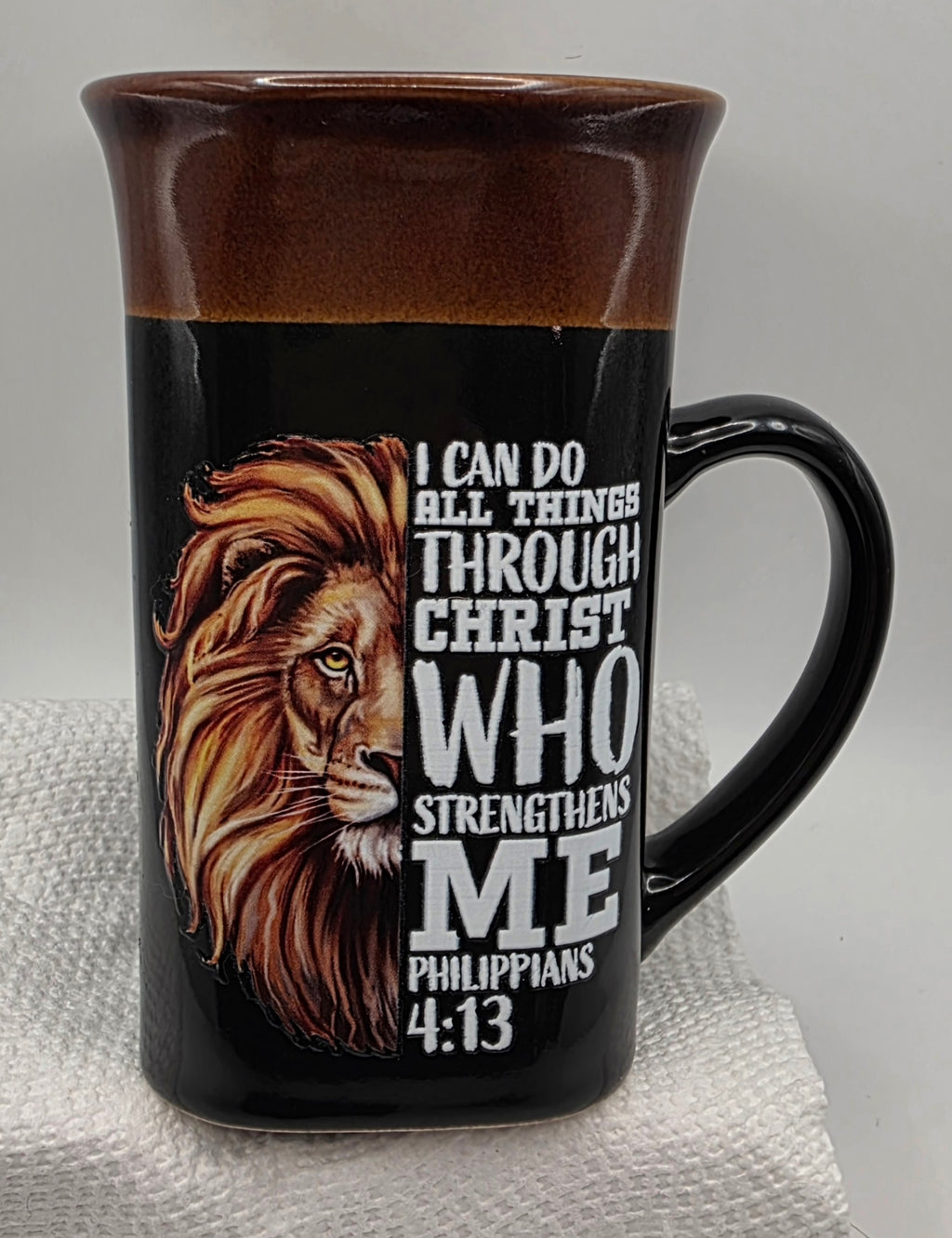 16oz Two-Toned Black w/ Brown Mug "Philippians 4:13"