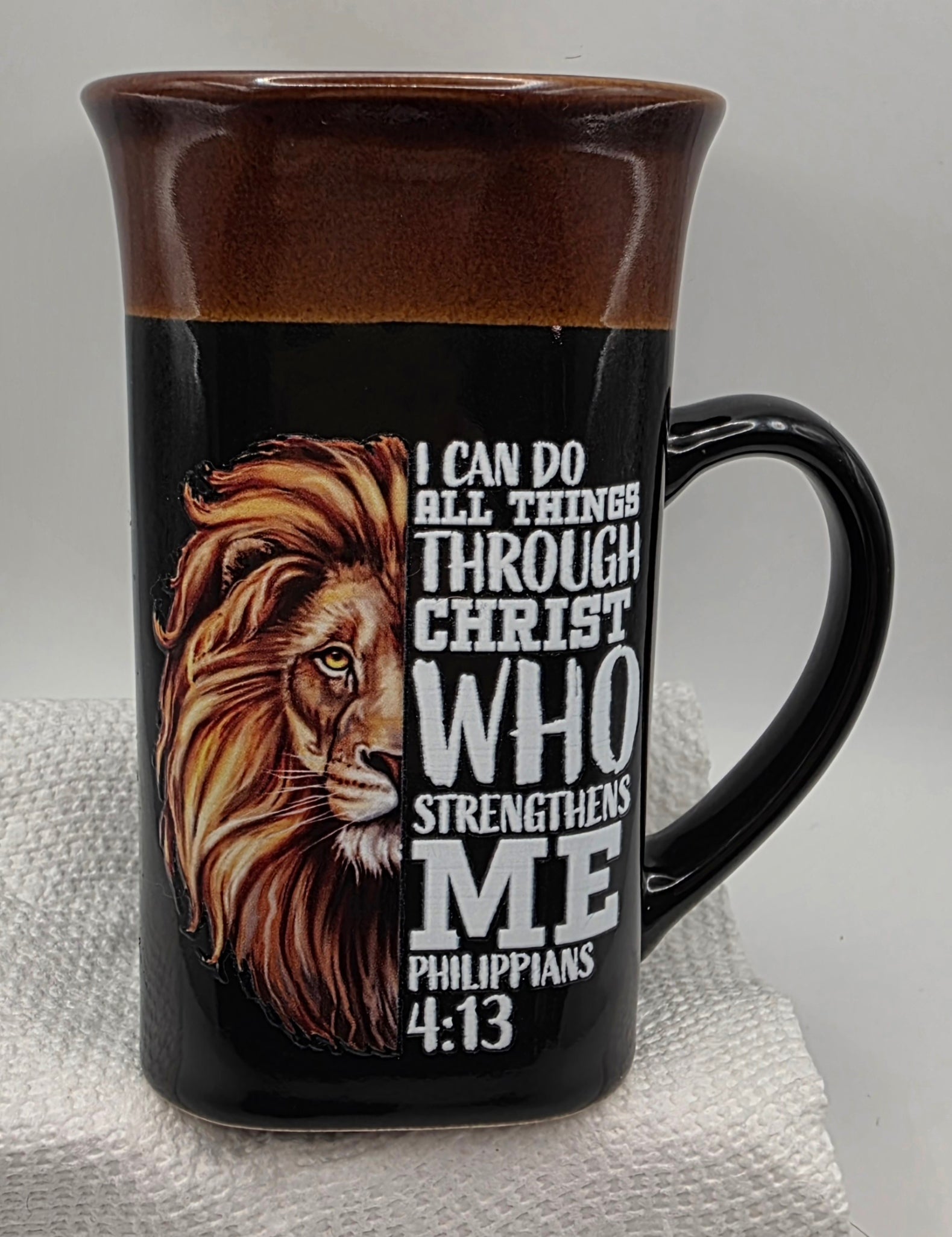 16oz Two-Toned Black w/ Brown Mug "Philippians 4:13"