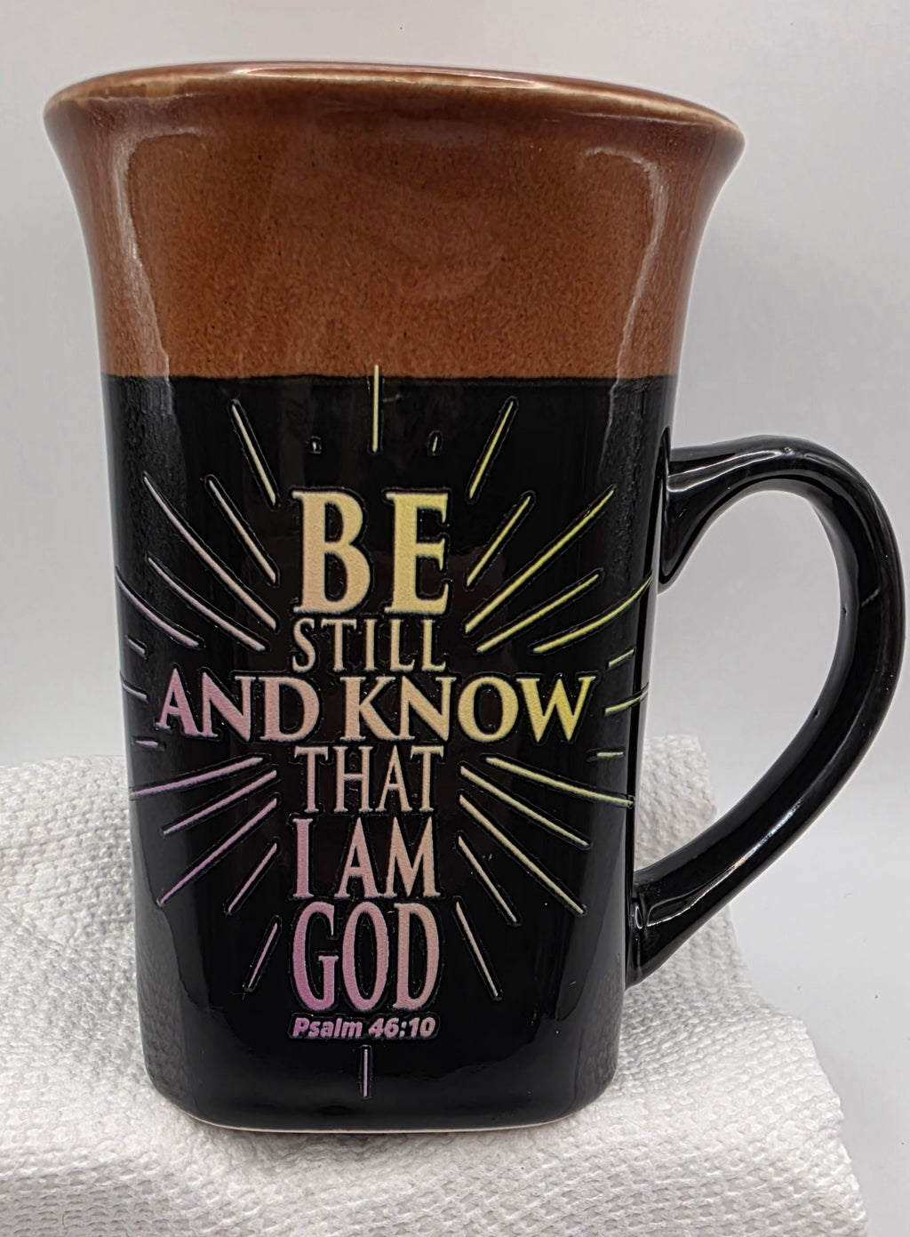16oz Two-Toned Black w/ Brown Mug "Be Still and Know That I Am God"