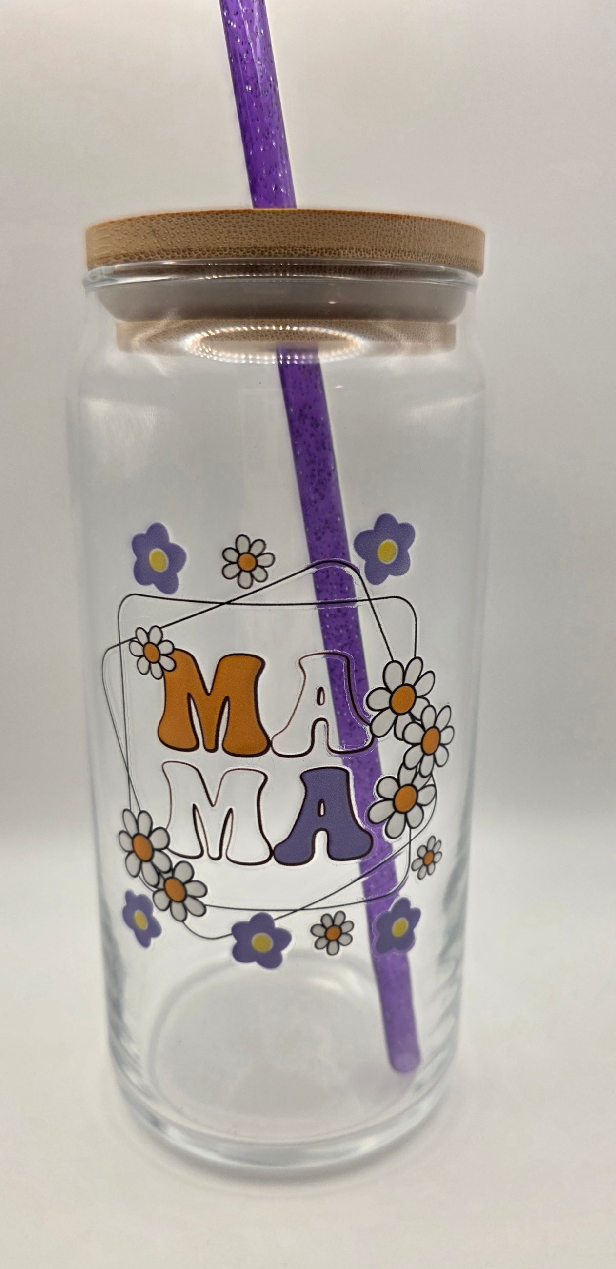 20oz Glass Tumbler - "MAMA" w/ purple & white flowers