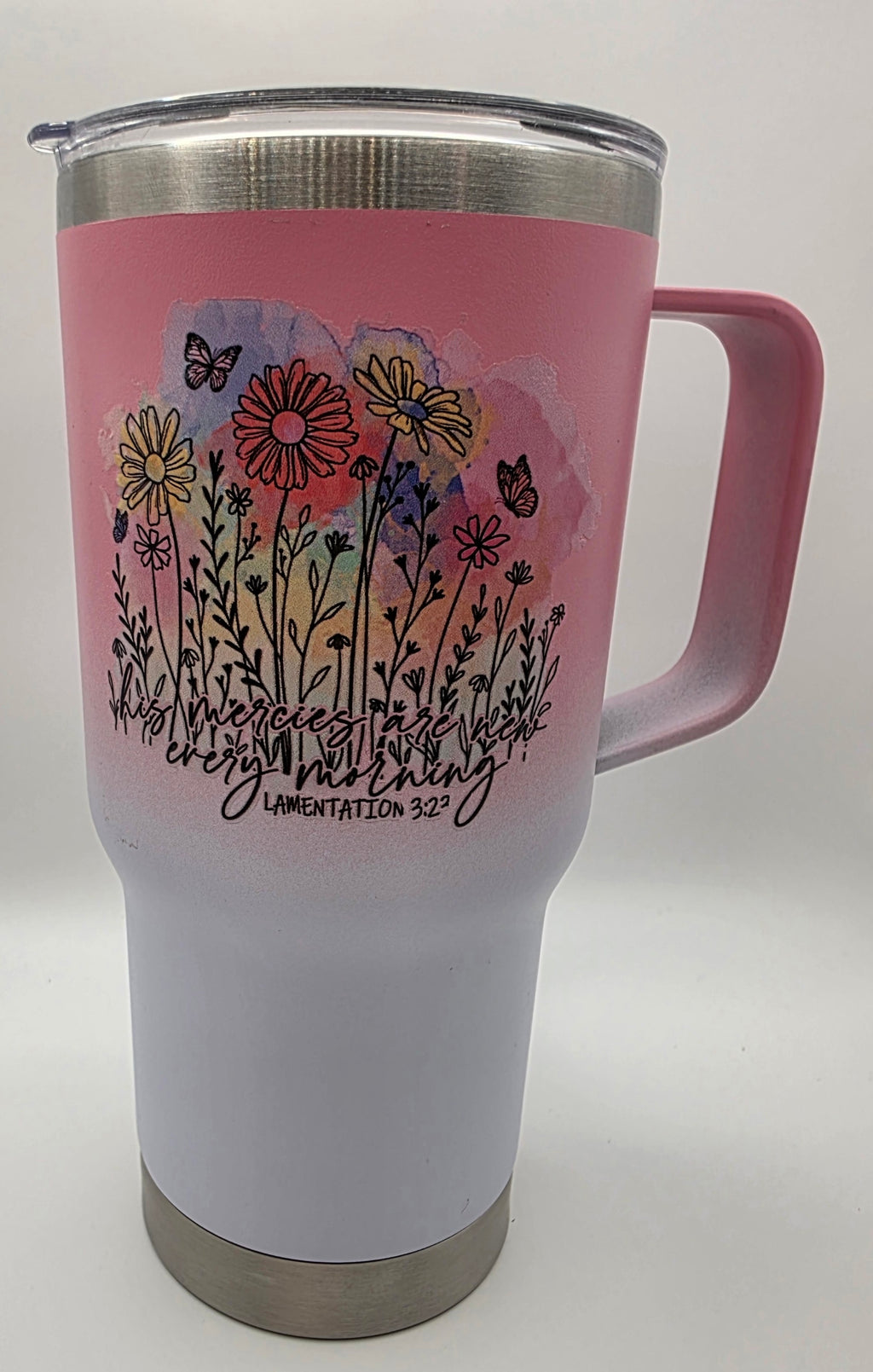 20oz Stainless Steel Tumbler with Handle - "His Mercies are New Every Morning"