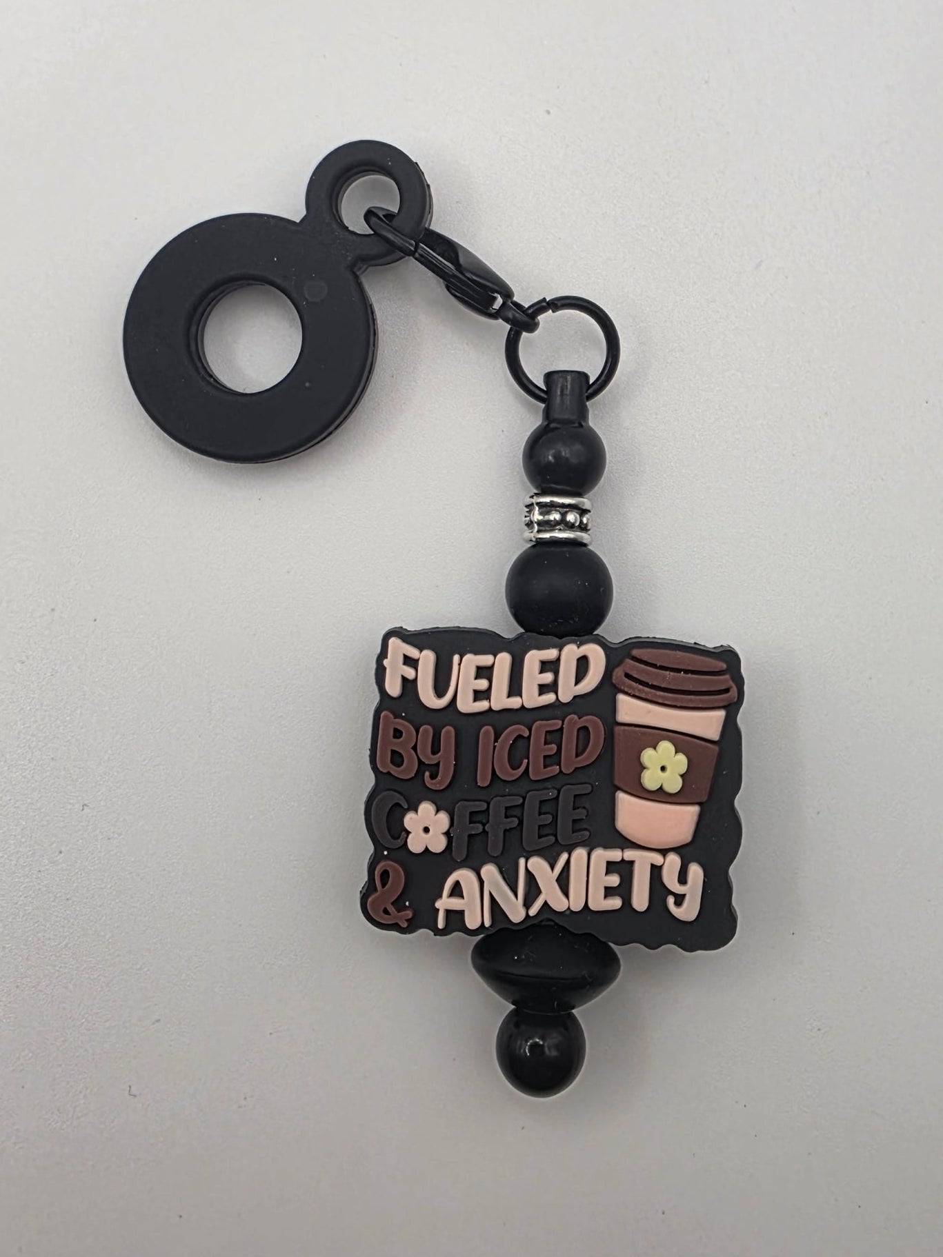 Beaded Straw Charm *Black* "Fueled By Iced Coffee & Anxiety"