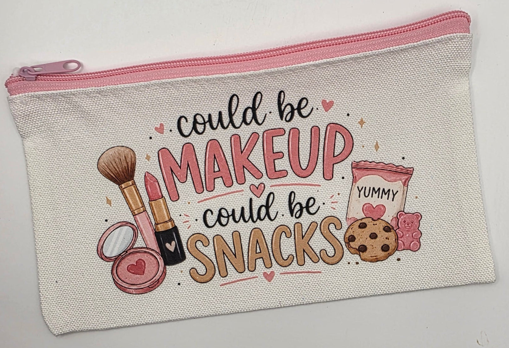 Zippered Bag "Could Be Make Up Could Be Snacks" pink zipper