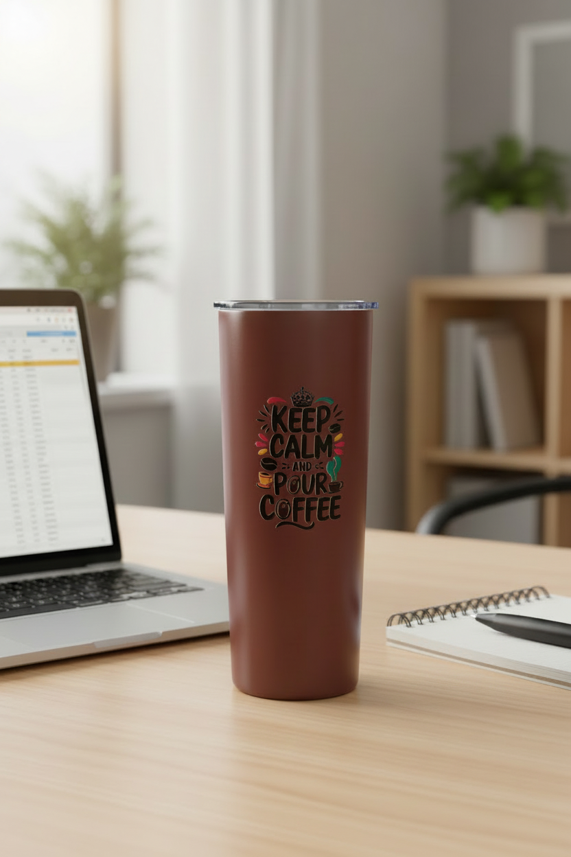 20oz "Keep Calm and Pour Coffee" Tumbler – Focal Point on Work Desk