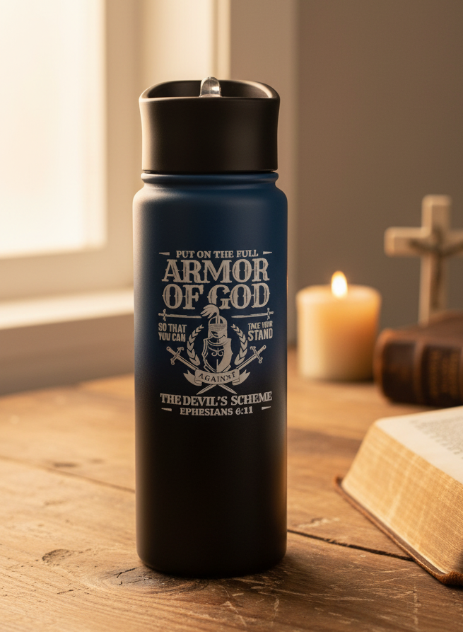 24oz Ephesians 6:11 Bottle on Rustic Desk with Bible