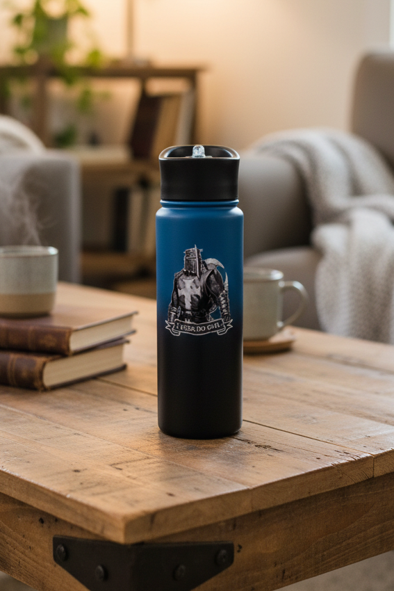 24oz "I Fear No Evil" Knight Water Bottle on Coffee Table