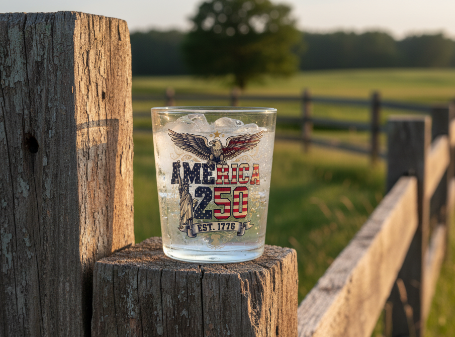 250th Anniversary Glass on Rustic Fence