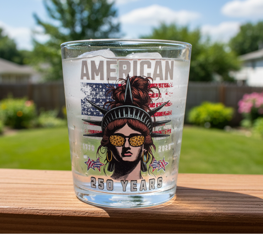 250th Anniversary Glass with ice water on a back porch