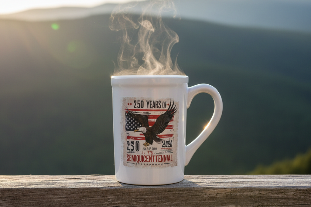 250th Anniversary Mug as Focal Point on Rustic Mountain Fence