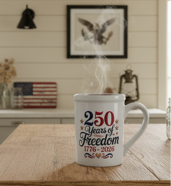 250th Anniversary Mug in a rustic farmhouse kitchen