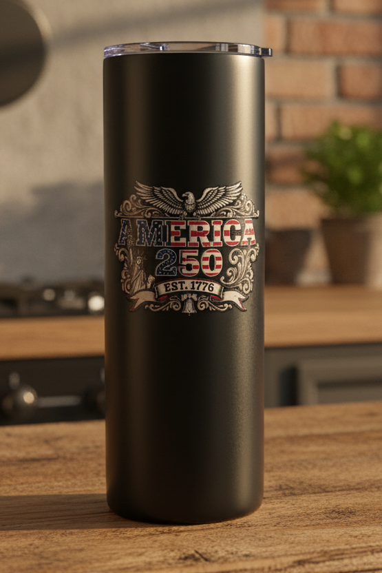 250th Anniversary Tumbler on Rustic Kitchen Counter