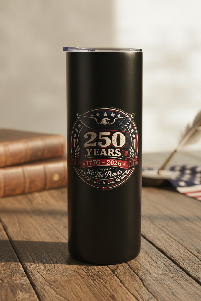 250th Anniversary Tumbler - Rustic Desk Light Background