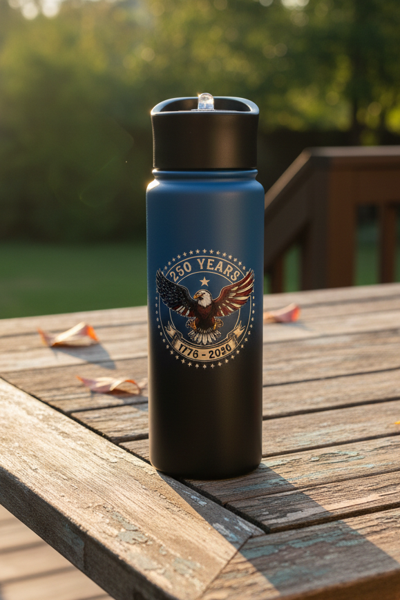 250th Anniversary Water Bottle on Rustic Deck