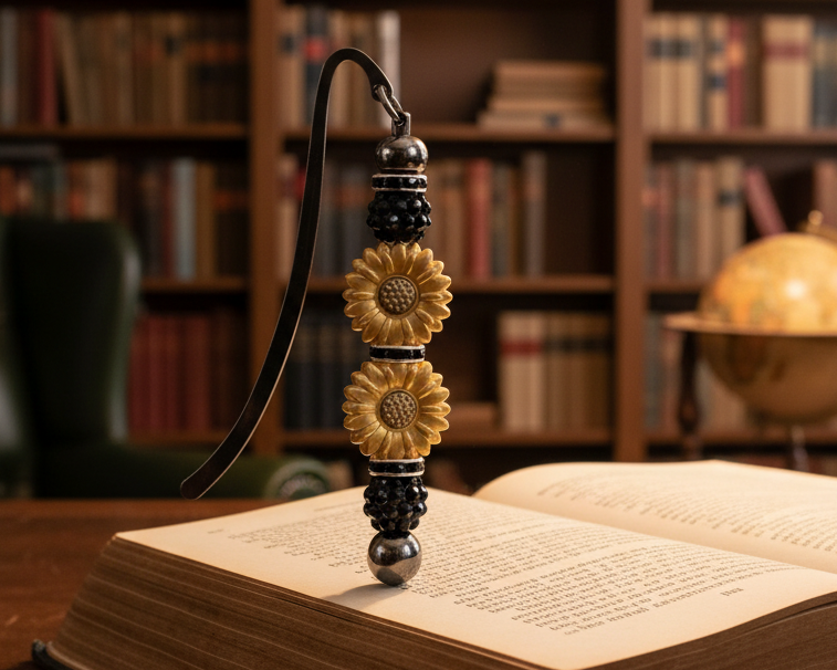 Beaded Bookmark - Black standing upright on a book in a study