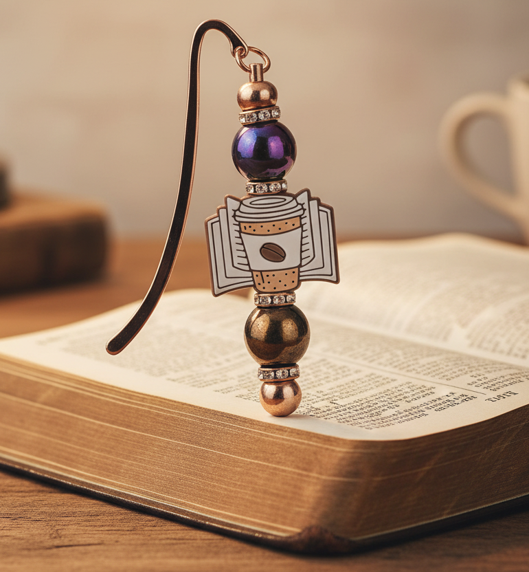 Beaded Bookmark - Rose Gold & Bronze standing on an open Bible on a rustic desk