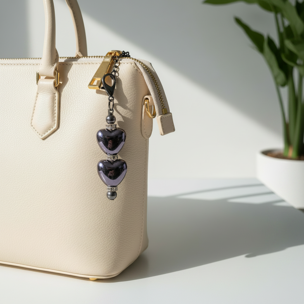 Beaded Charm - 2 Hearts on a leather tote bag