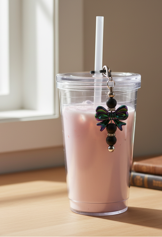 Beaded Straw Charm - Black Bow on a tumbler