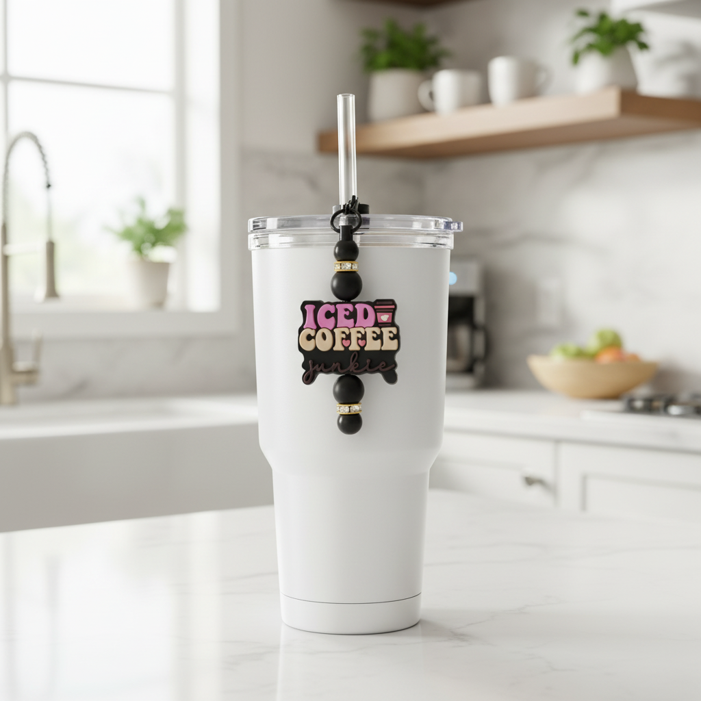 Beaded Straw Charm on White Tumbler in Kitchen