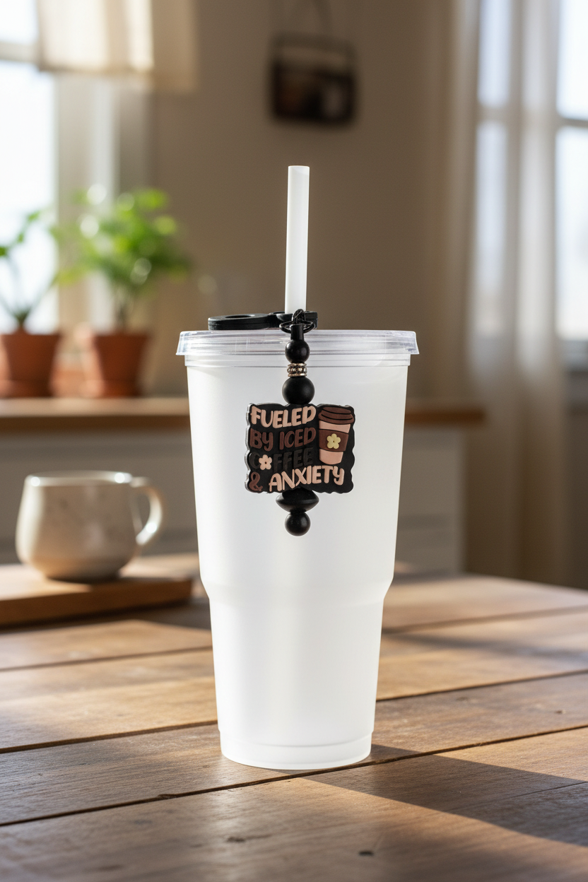 Beaded Straw Charm on White Tumbler