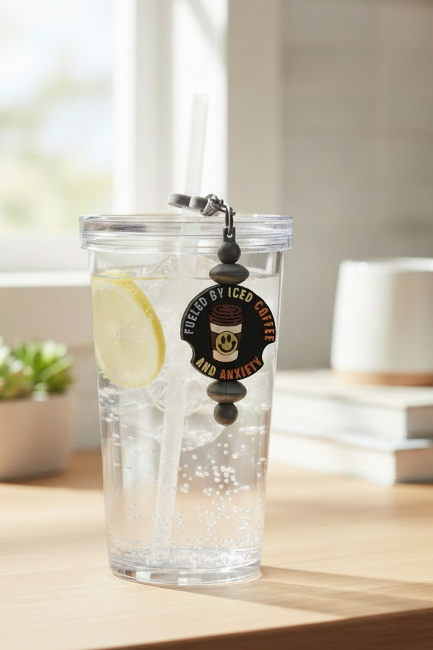 Beaded Straw Charm with Ice Water and Lemon