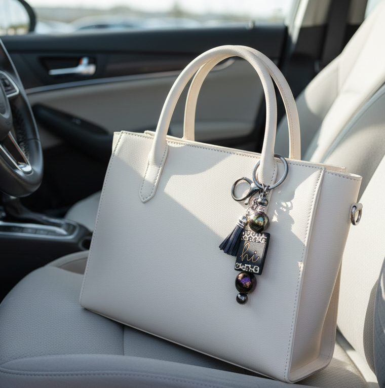 Cream Leather Purse on Car Passenger Seat