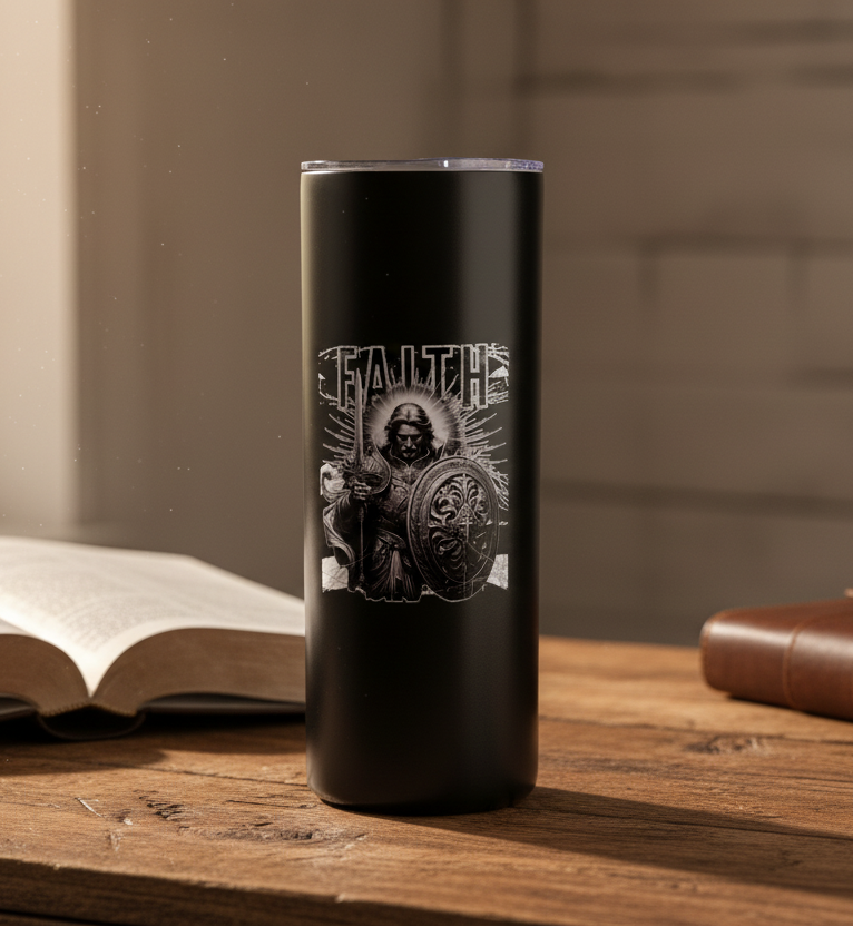 Faith Tumbler on Rustic Desk with Bible