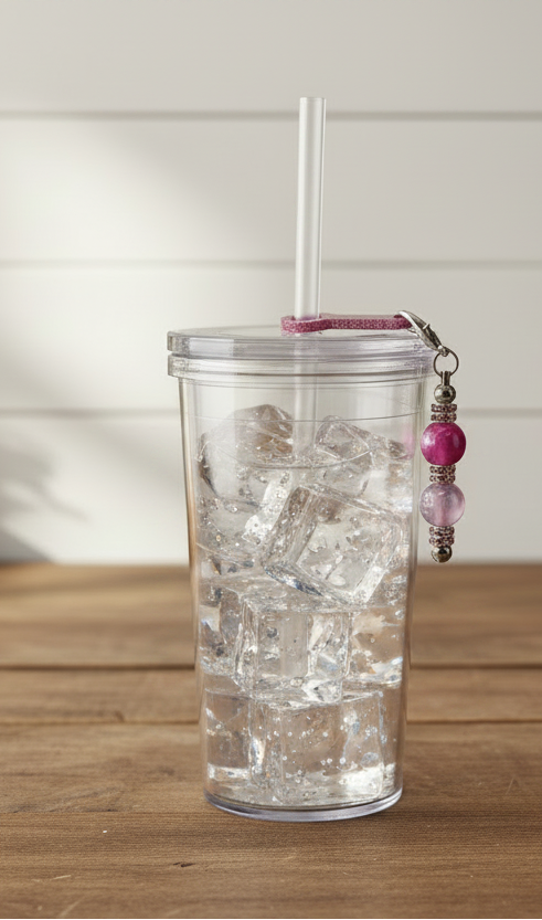 Glittery Beaded Straw Charm on Tumbler with Clear Liquid in Farmhouse Kitchen