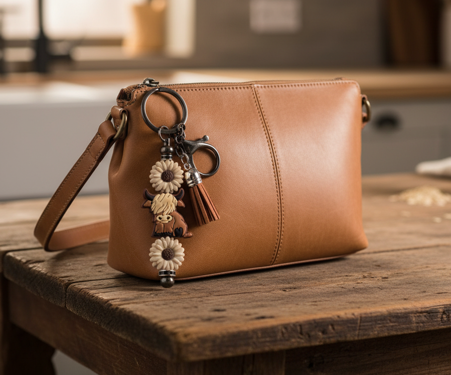 Highland Cow & Sunflowers Keychain on Leather Purse