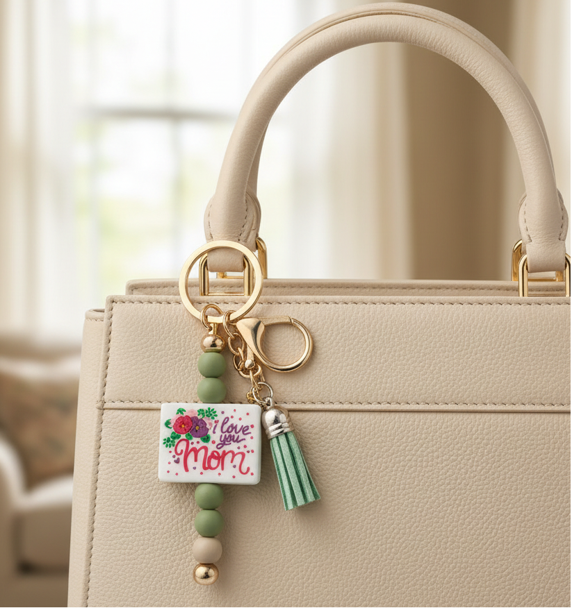"I Love You Mom" Beaded Keychain on a purse