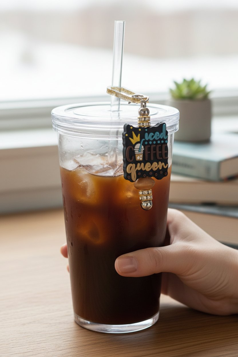 Iced Coffee Queen charm positioned like black bow charm