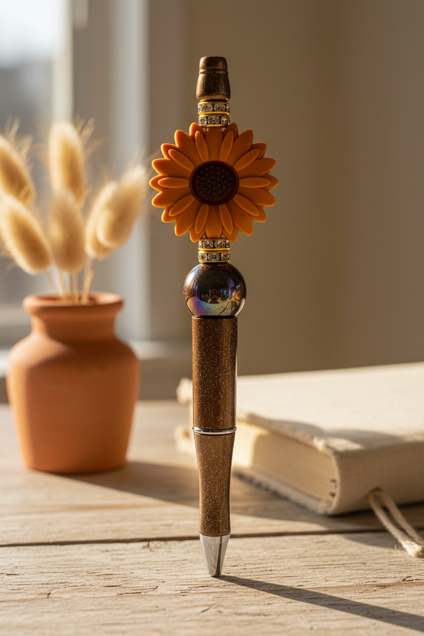 Terracotta-orange flower beaded pen in warm earthy home setting