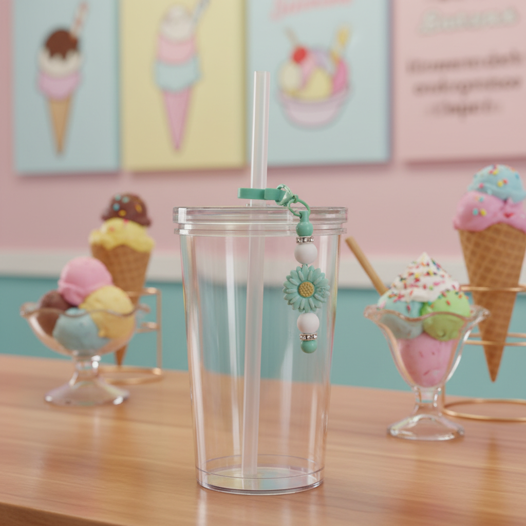 Mint green flower beaded straw charm on a tumbler in a bright colorful ice cream shop setting with pastel walls and ice cream cones