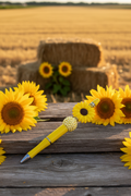 Yellow sunflower beaded pen in a rustic farm setting