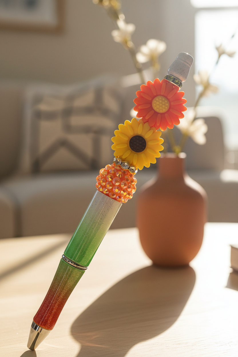 Orange and yellow flowers beaded pen in bright stylish living room setting