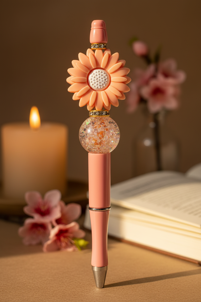 Peach flower beaded pen in warm cozy home setting