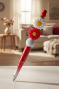 White and red flowers beaded pen in bright living room setting