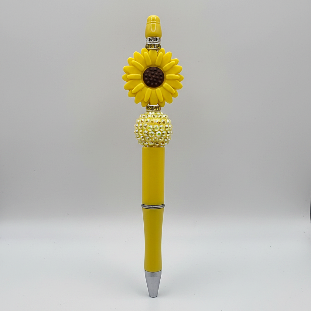 Yellow sunflower beaded pen clean product shot on white background