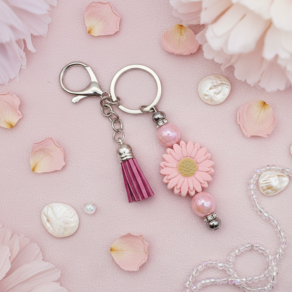 Pink sunflower beaded keychain charm with pink tassel and silver hardware