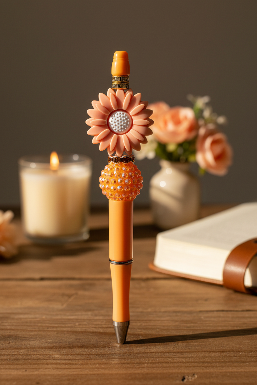 Peach flower beaded pen in warm cozy home setting no refill