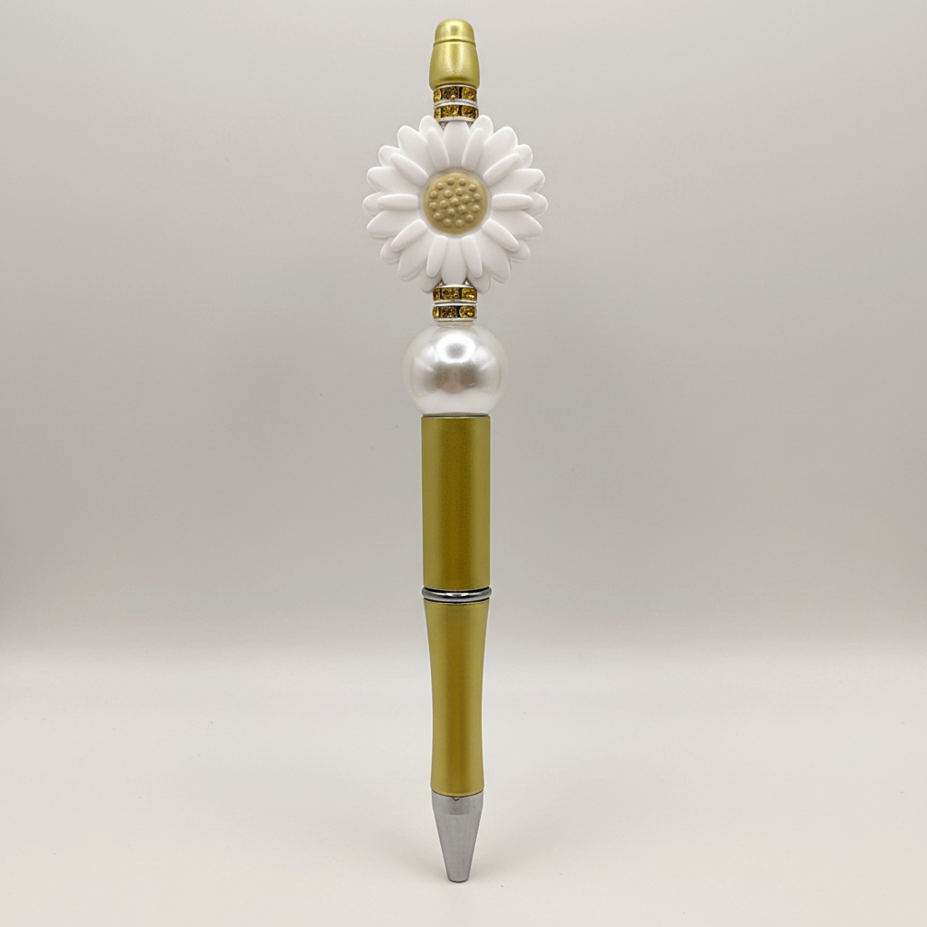 White flower beaded pen clean product shot on white background