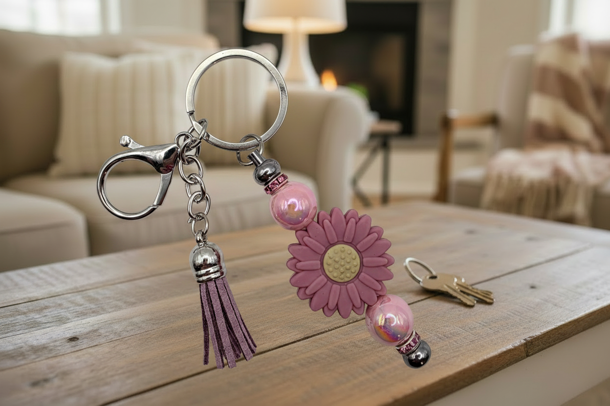 Pink daisy beaded keychain charm with tassel in cozy living room setting