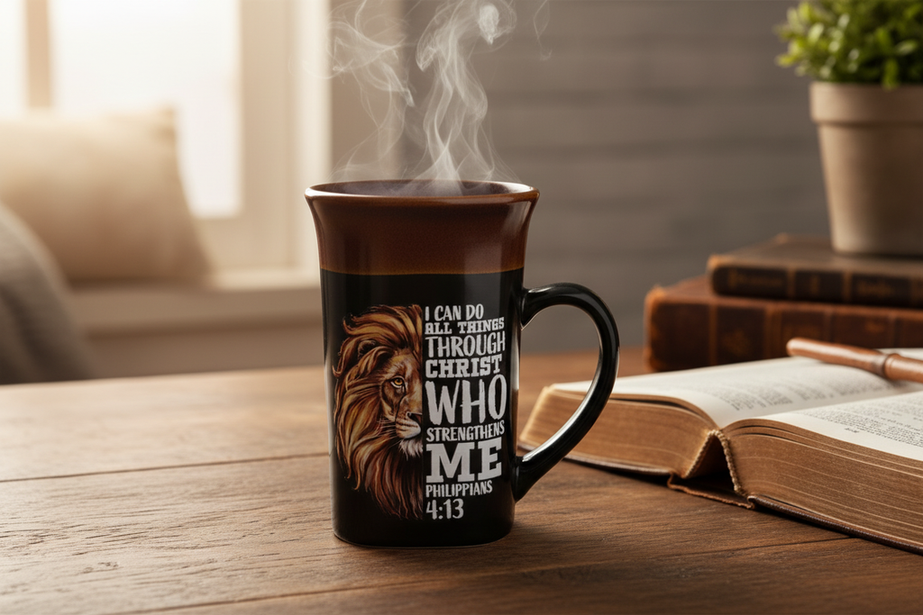 16oz Two-Toned Mug on rustic desk next to open Bible with rising steam
